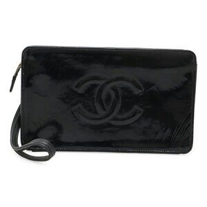 CHANEL Black Leather Logo Clutch Bag